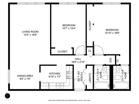 Floor plan for 2 beds, 2 baths, 910 sqft
